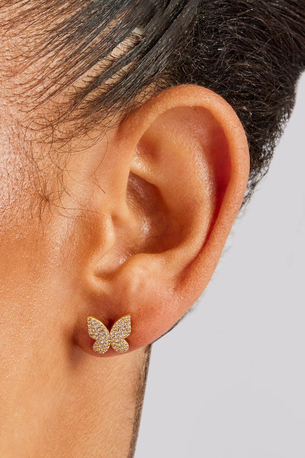 Iced CZ Pave Butterfly Stud Earrings - 10mm