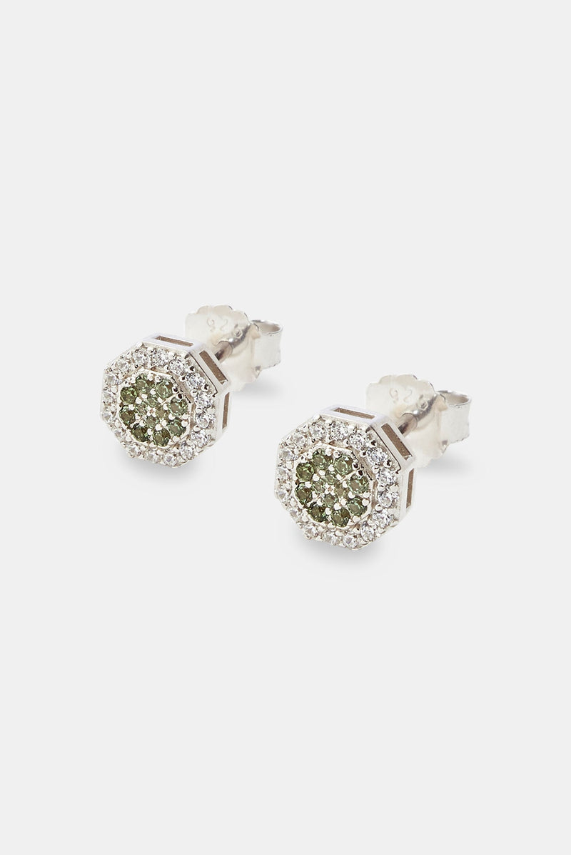Dark Green Iced Shape Stud Earrings - 8mm