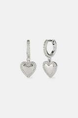Iced Hoop Heart Drop Earrings - 10mm - White Gold