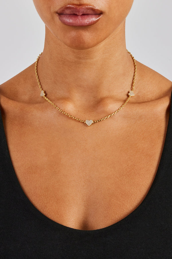 Iced Heart Thin Link Chain - 2.5mm - Gold