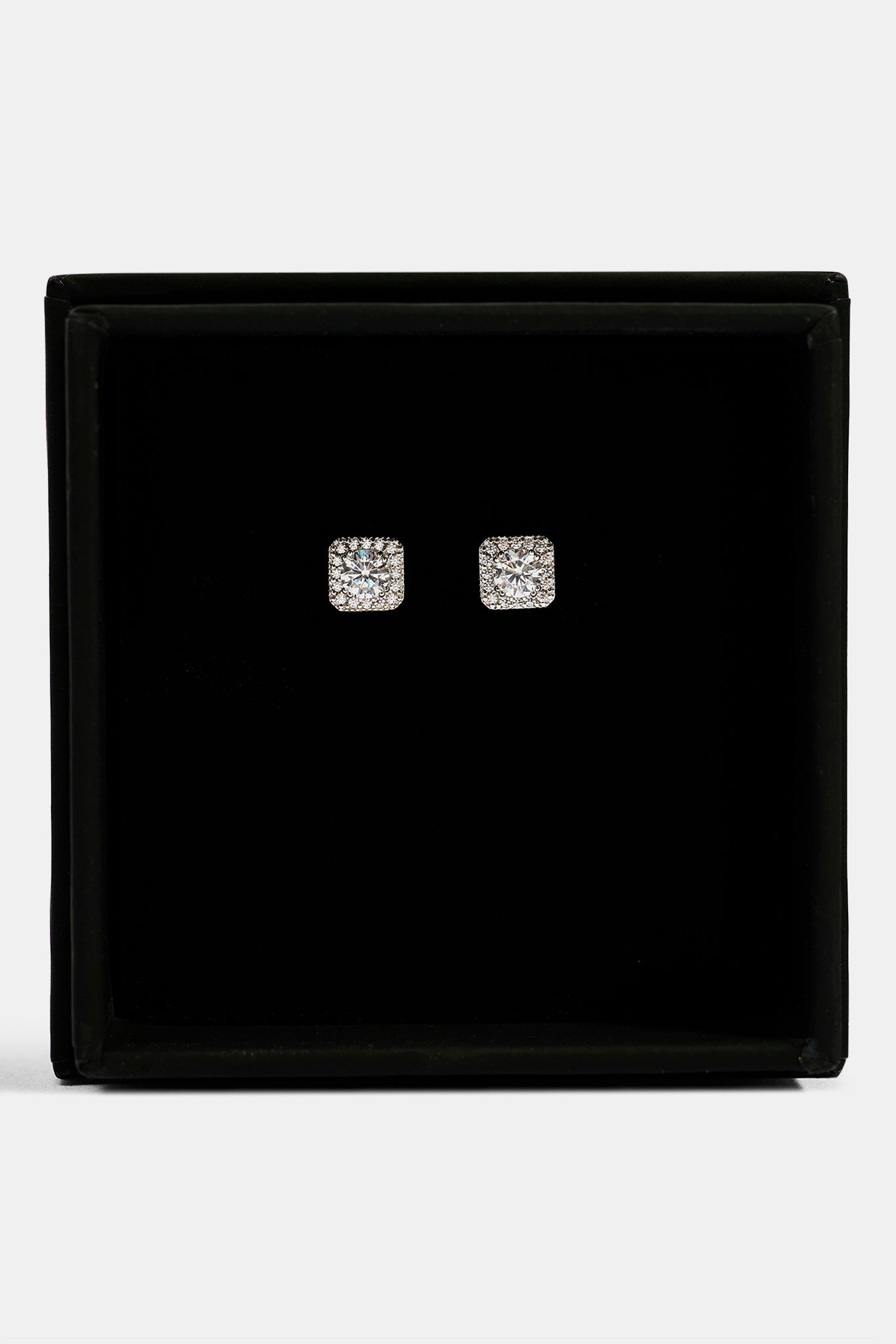 Iced Centre Square Edge Stud Earrings - 6mm - White & Small Premium Gift Box