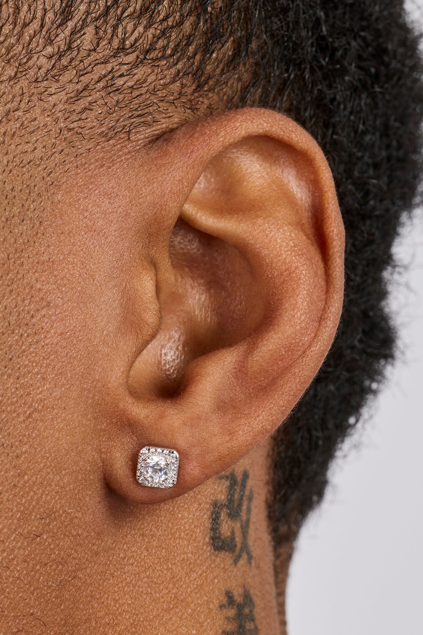 Iced Centre Square Edge Stud Earrings - 6mm - White