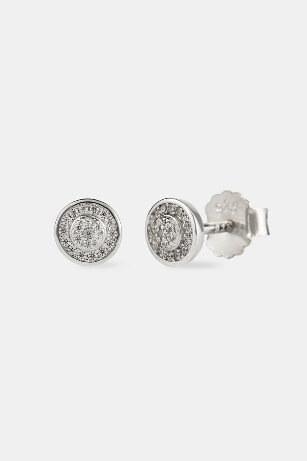 Iced Pave Edge Round Stud Earrings - 6mm - White