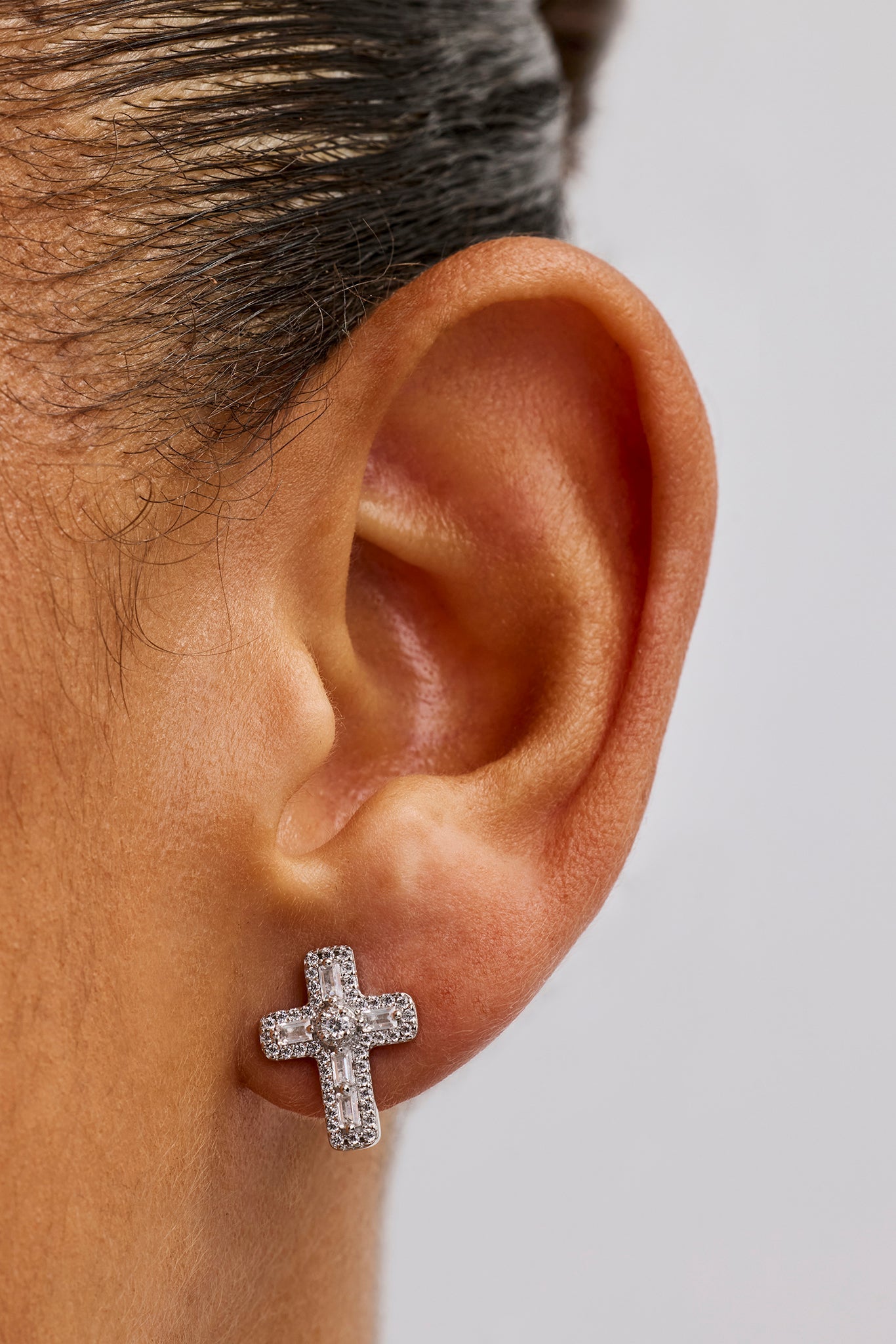 Iced Cross Stud Earrings - 15mm - White Gold | Womens Earrings