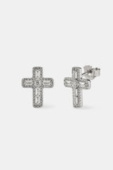 Iced Cross Stud Earrings - 15mm - White Gold