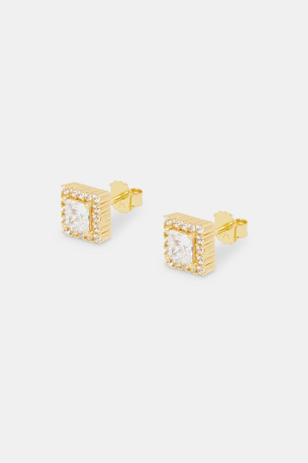 Iced Square Cluster Stud Earrings - Gold - 8mm