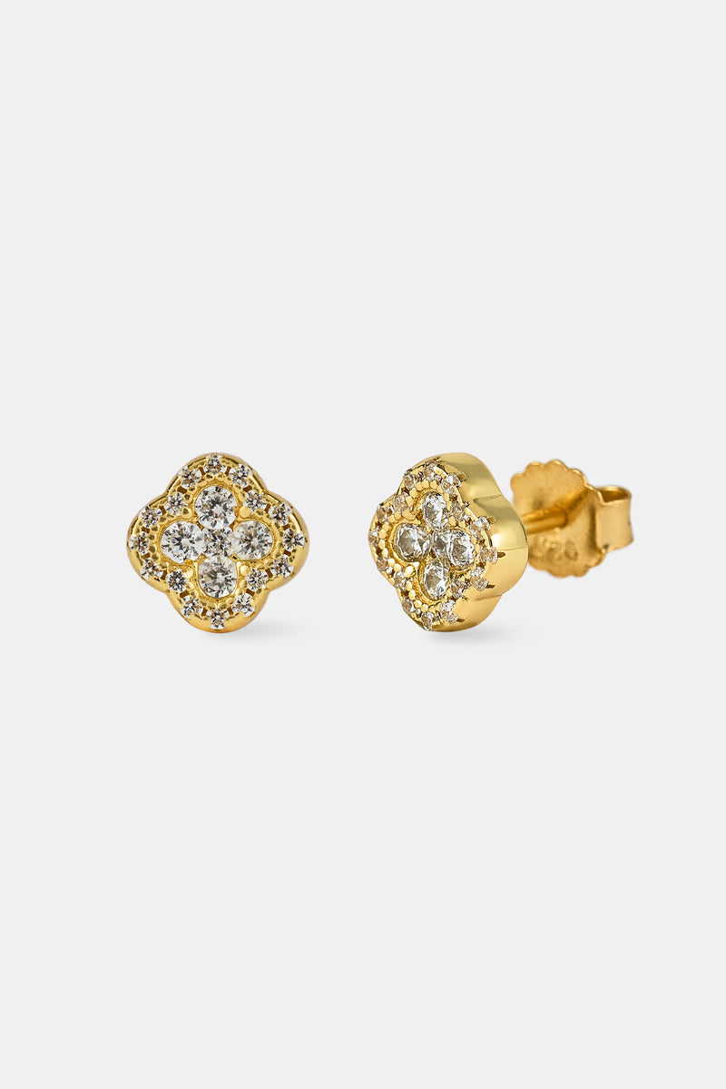 Iced Motif Stud Earrings - 8mm - Gold