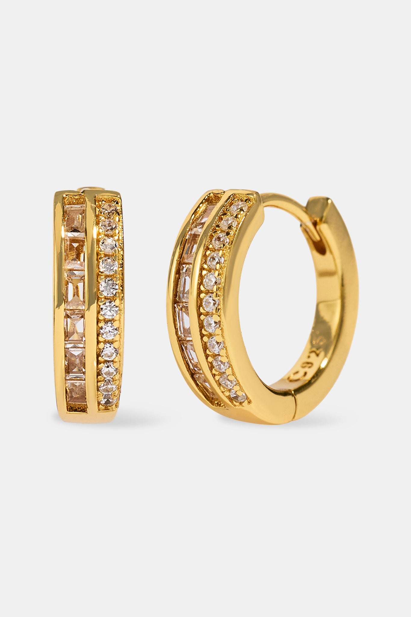 Mens Iced Tennis & Baguette Stone Hoop Earrings - 10mm - Gold
