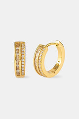 Iced Tennis & Baguette Stone Hoop Earrings - 10mm - Gold