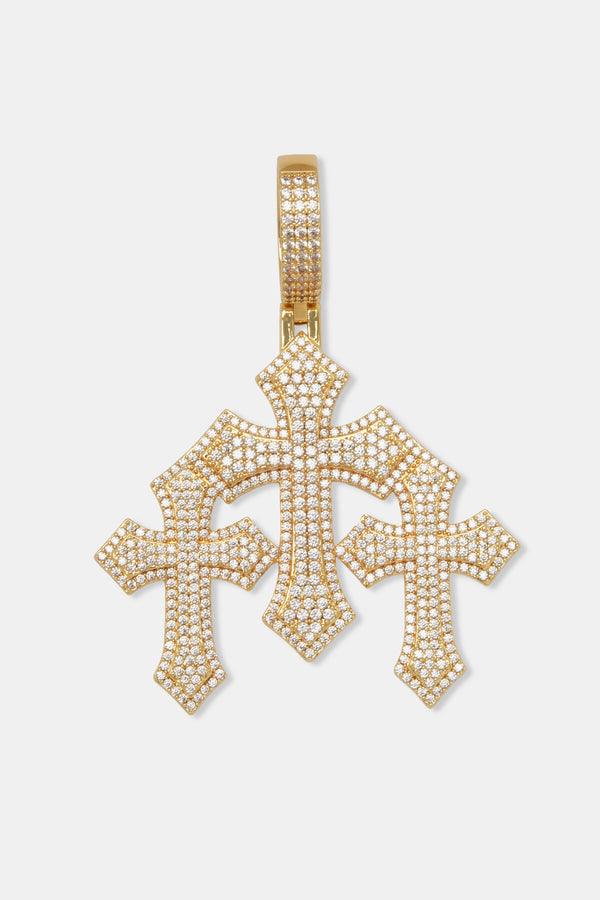 Iced Triple Cross Pendant - Gold