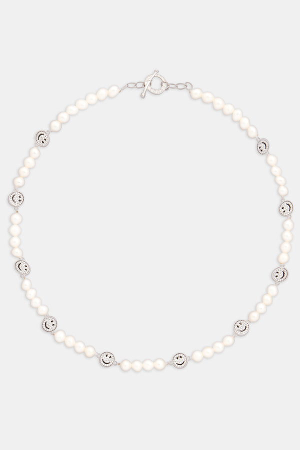 Pearl And Iced Face Motif Necklace - White Gold