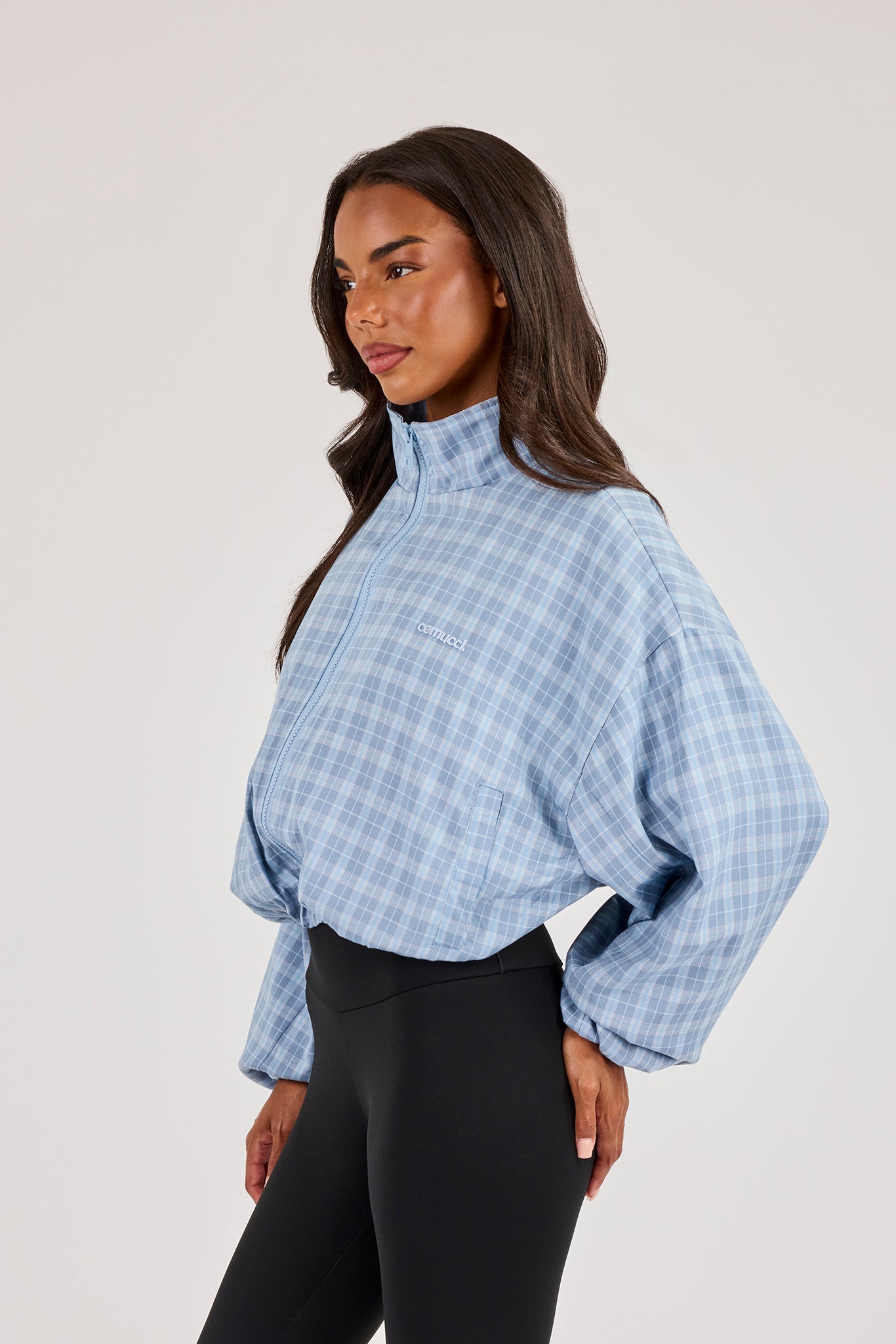 Check Funnel Neck Zip Jacket - Blue