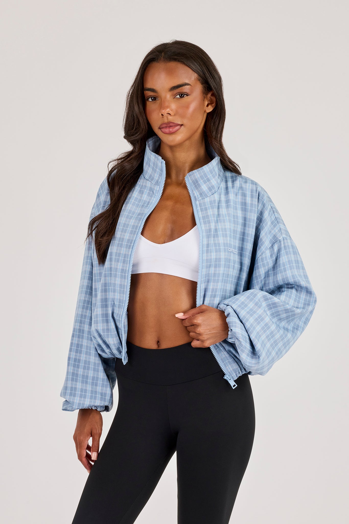 Check Funnel Neck Zip Jacket - Blue
