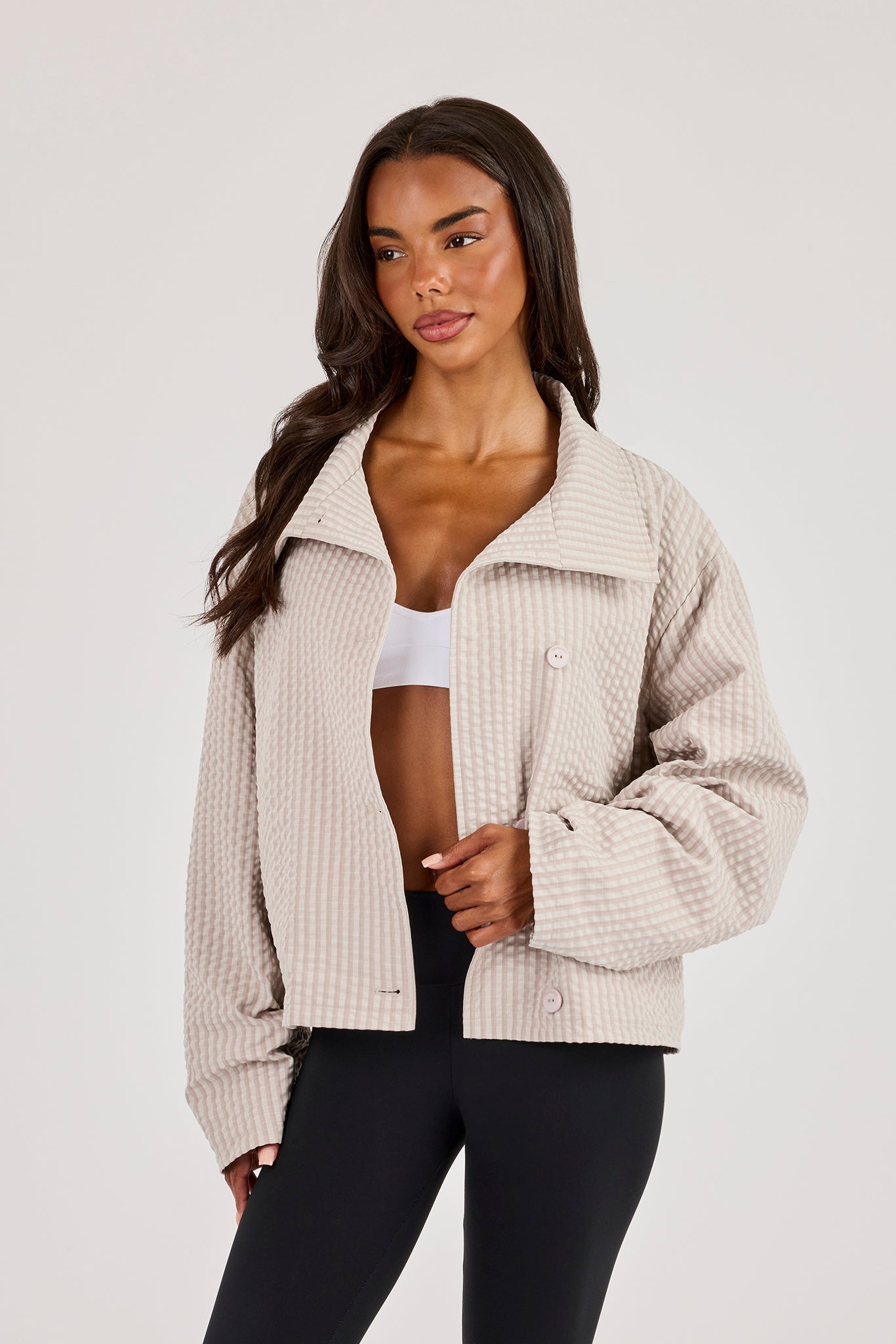 Crinkle Check Nylon Trench Jacket - Stone