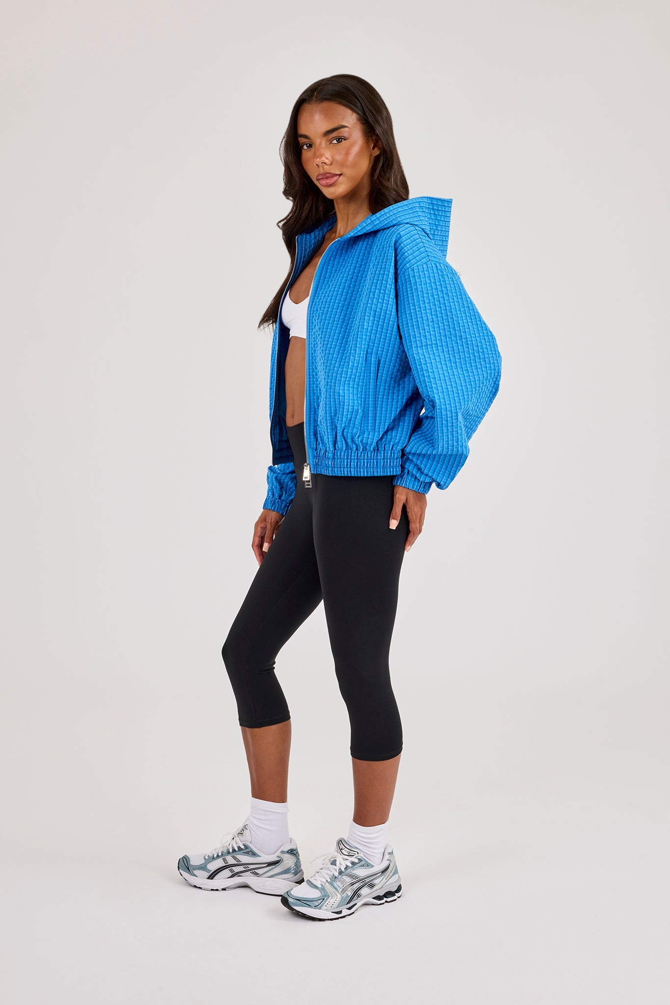 Crinkle Check Nylon Hooded Zip Through - Blue