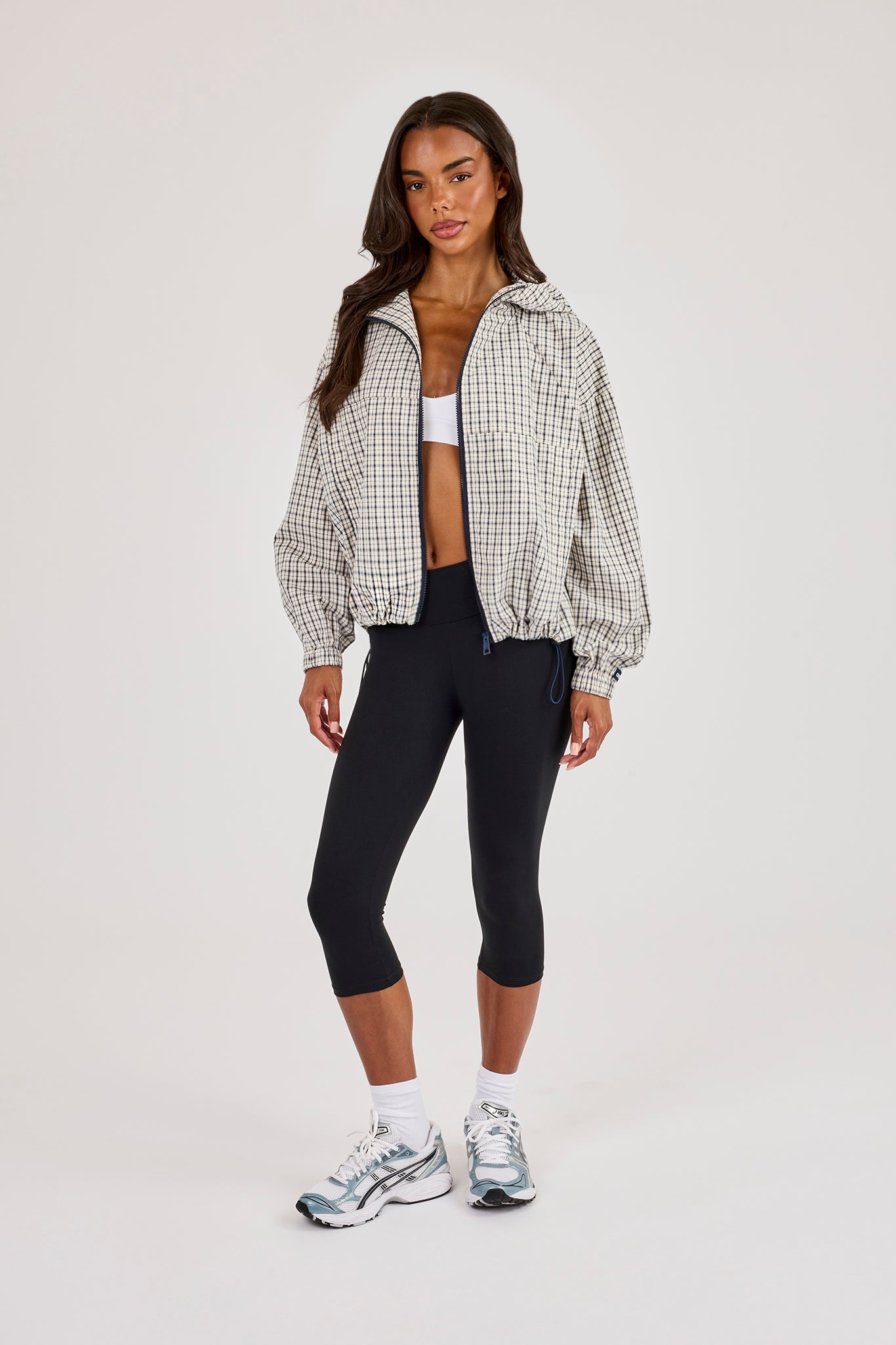Check Nylon Zip Hooded Jacket - Off White