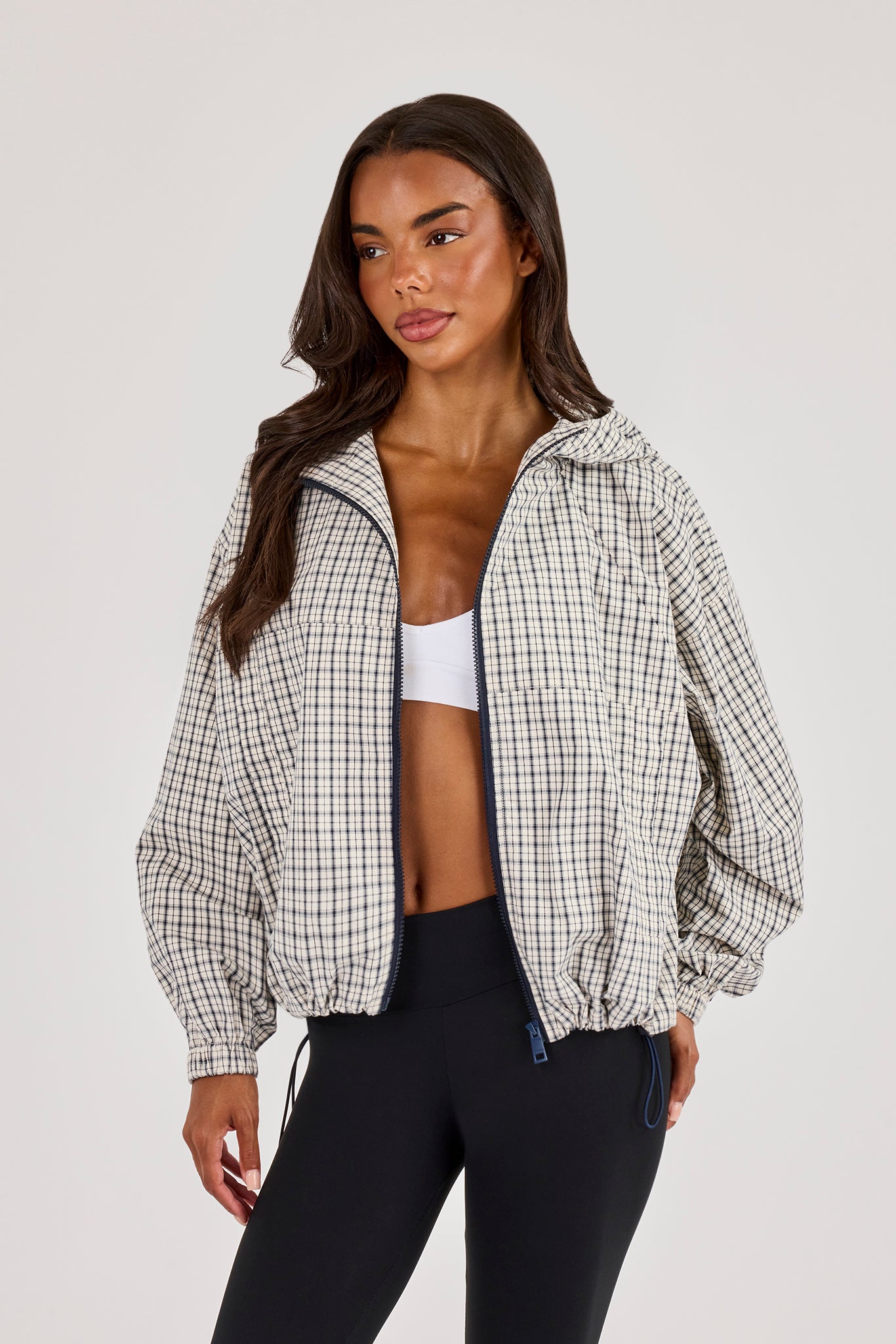 Check Nylon Zip Hooded Jacket - Off White