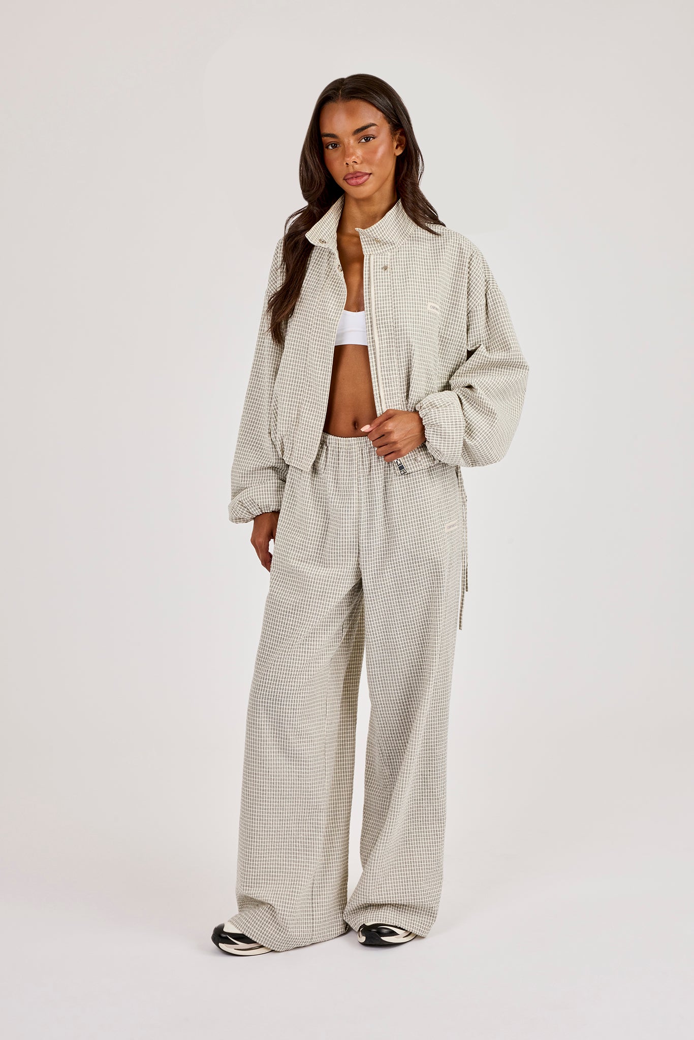 Check Twill Funnel Neck Jacket & Wide Leg Trouser - Off White