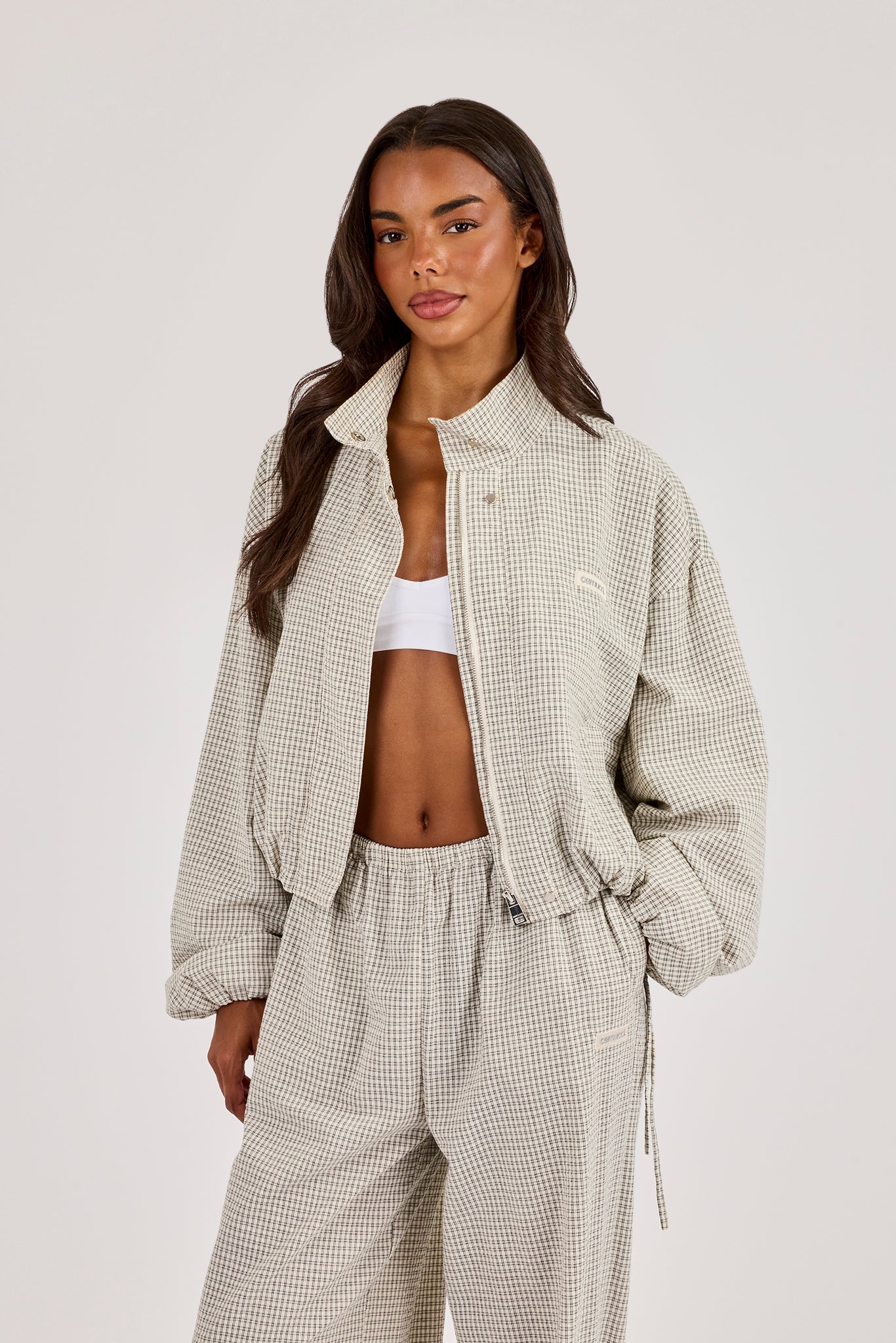 Check Twill Funnel Neck Jacket - Off White