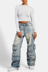 Baggy Cargo Jeans - Bleach Wash