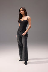 Baggy All Over Rhinestone Jean - Washed Black