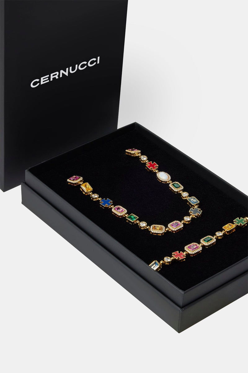 Multi Gemstone Motif Chain & Bracelet Set - Gold