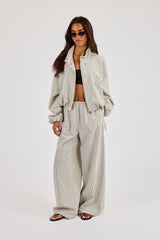 Check Twill Funnel Neck Jacket & Wide Leg Trouser - Off White