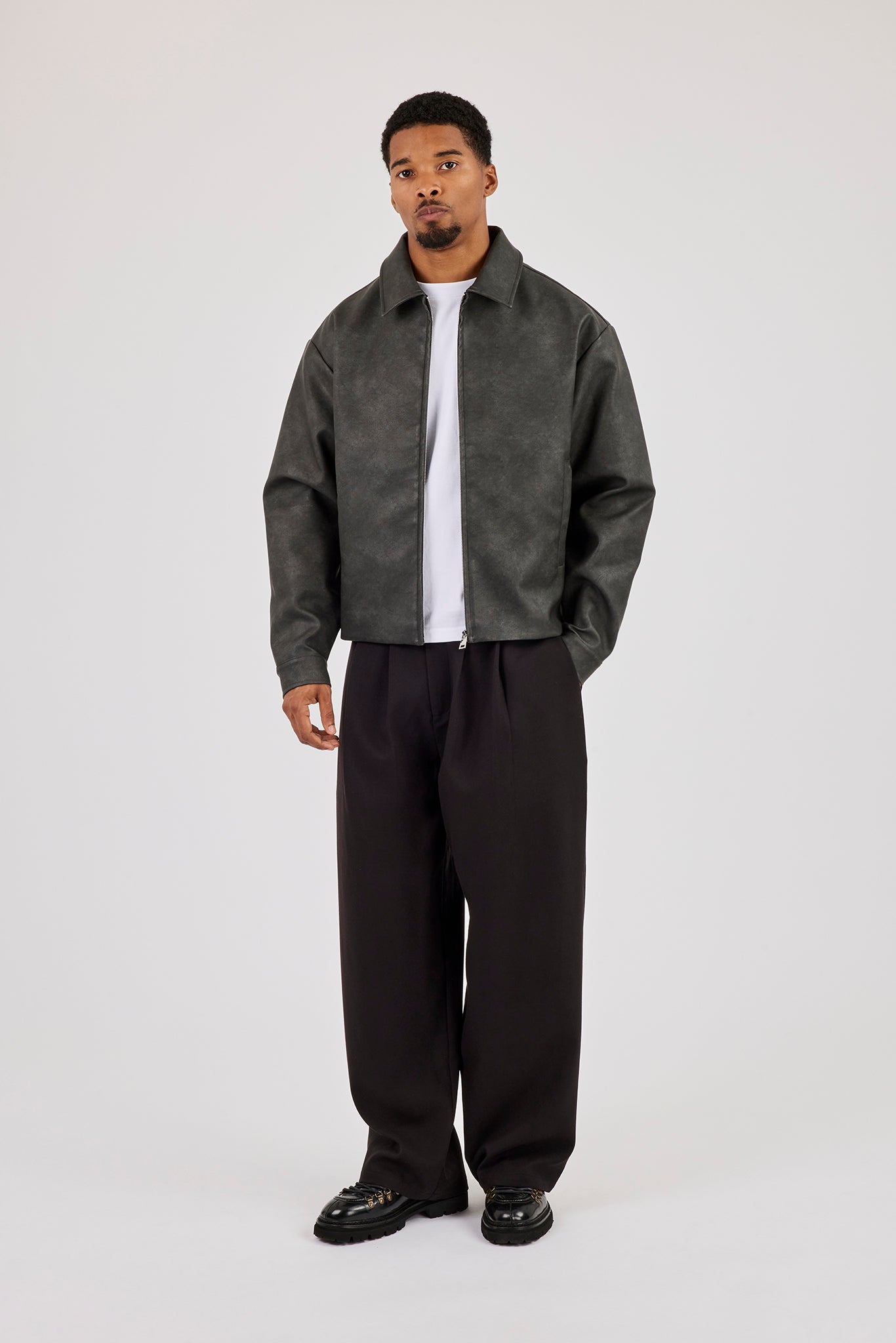 Washed PU Collared Jacket - Washed Black