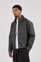 Washed PU Collared Jacket - Washed Black