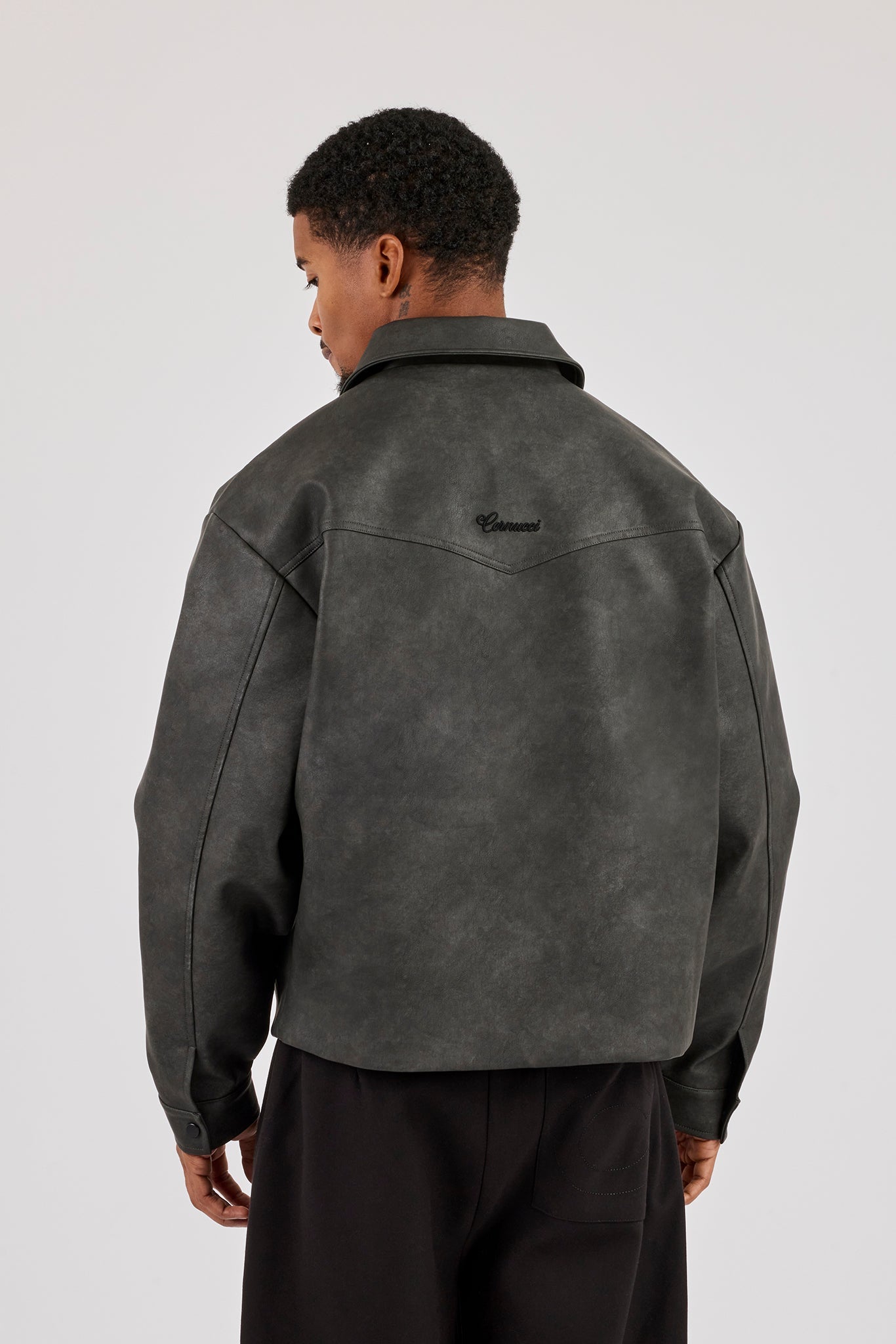 Washed PU Collared Jacket - Washed Black