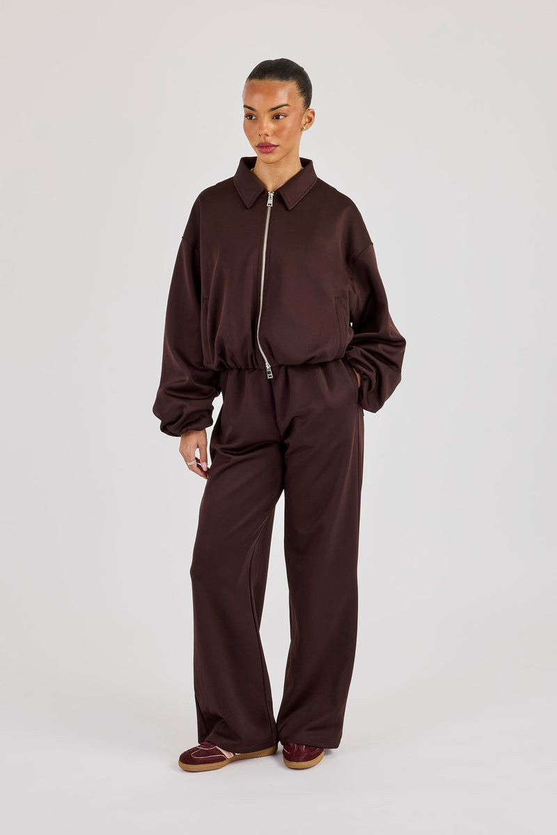 Poly Collared Bomber Jacket & Wide Leg Trouser - Chocolate