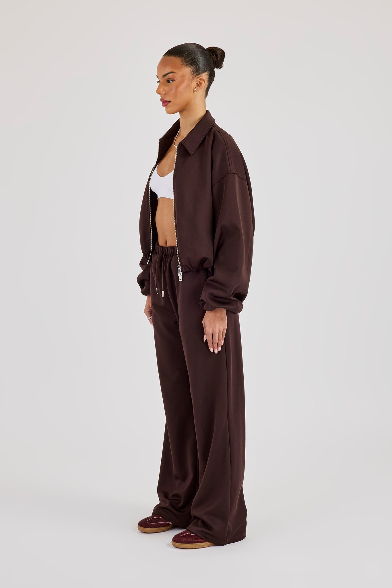 Poly Collared Bomber Jacket & Wide Leg Trouser - Chocolate