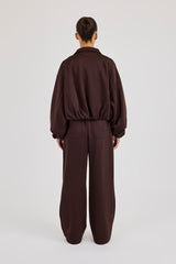 Poly Collared Bomber Jacket & Wide Leg Trouser - Chocolate