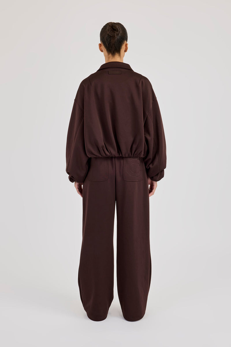 Poly Collared Bomber Jacket & Wide Leg Trouser - Chocolate