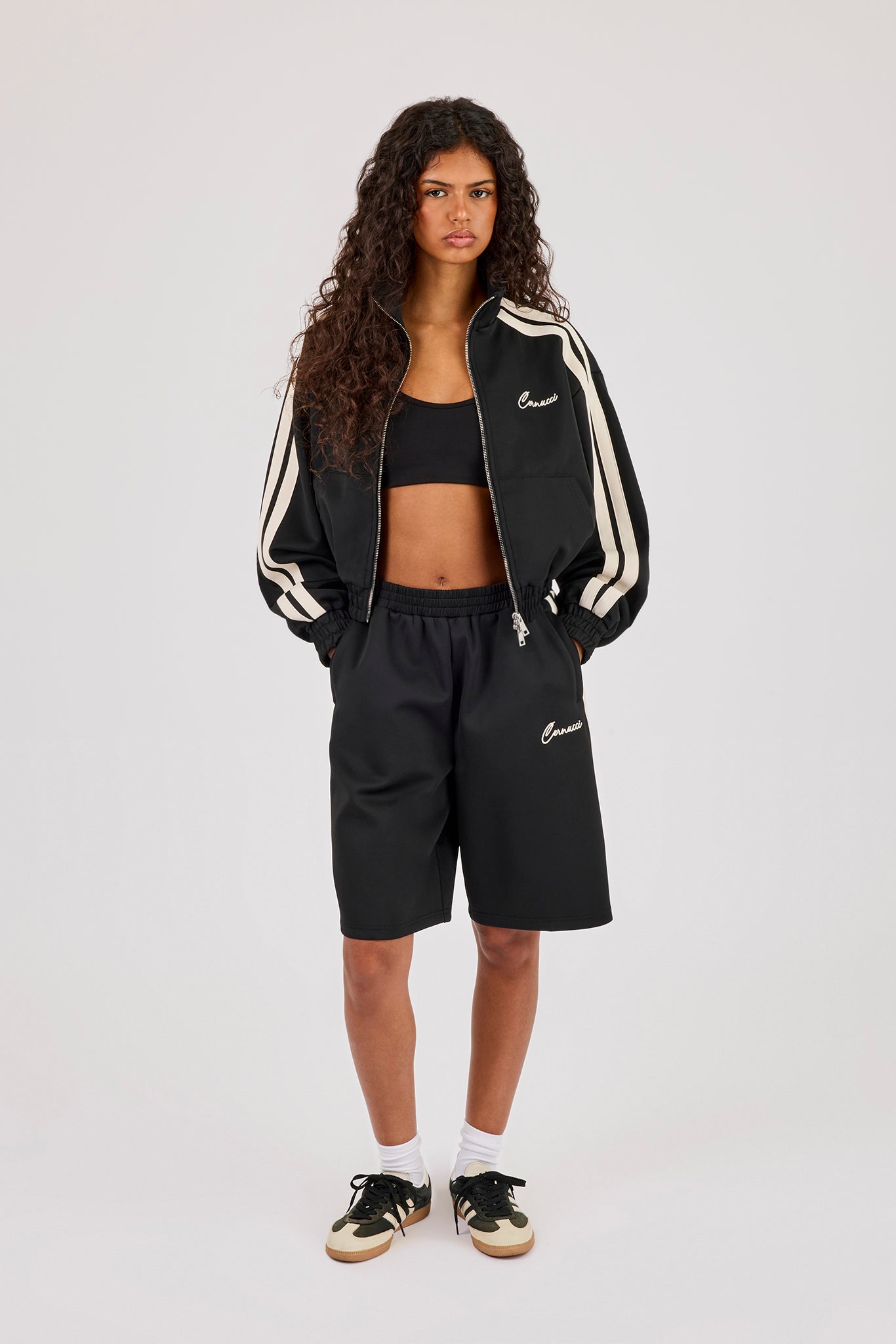 Taping Cropped Funnel Neck Jacket - Black