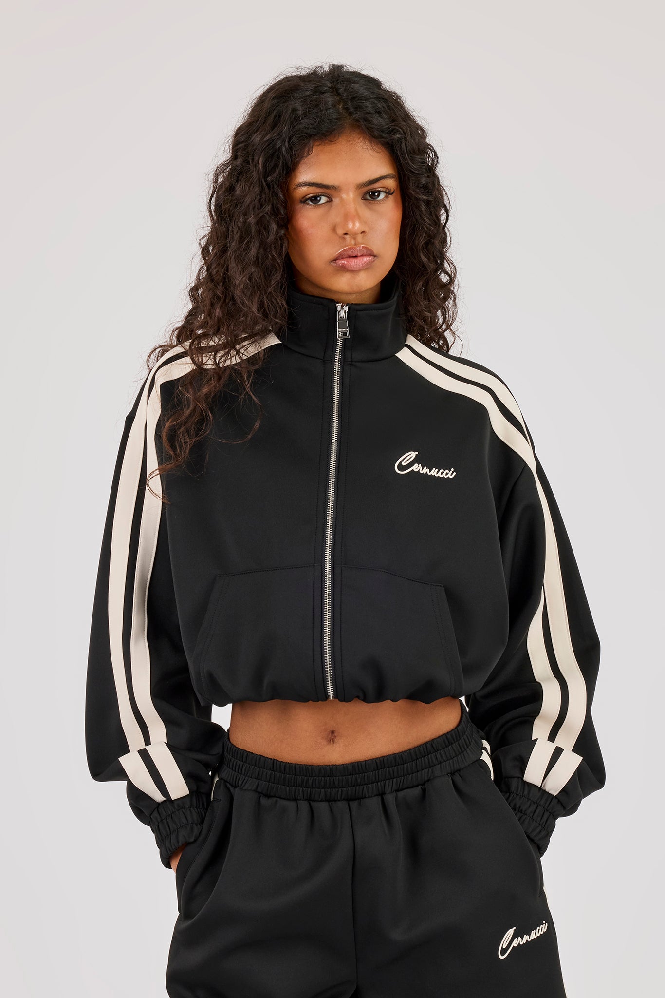 Taping Cropped Funnel Neck Jacket - Black