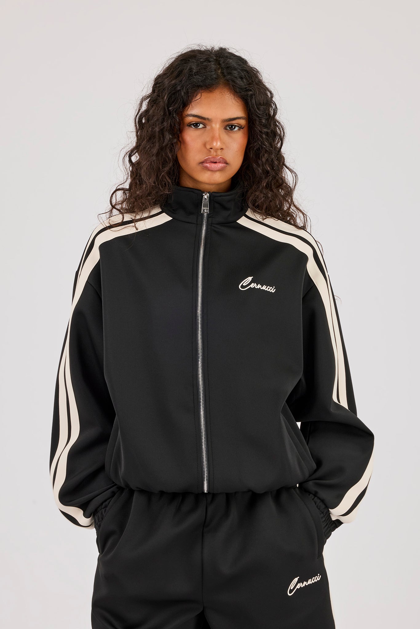 Funnel Neck Taping Zip Through Track Jacket - Black