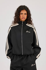 Funnel Neck Taping Zip Through Track Jacket - Black
