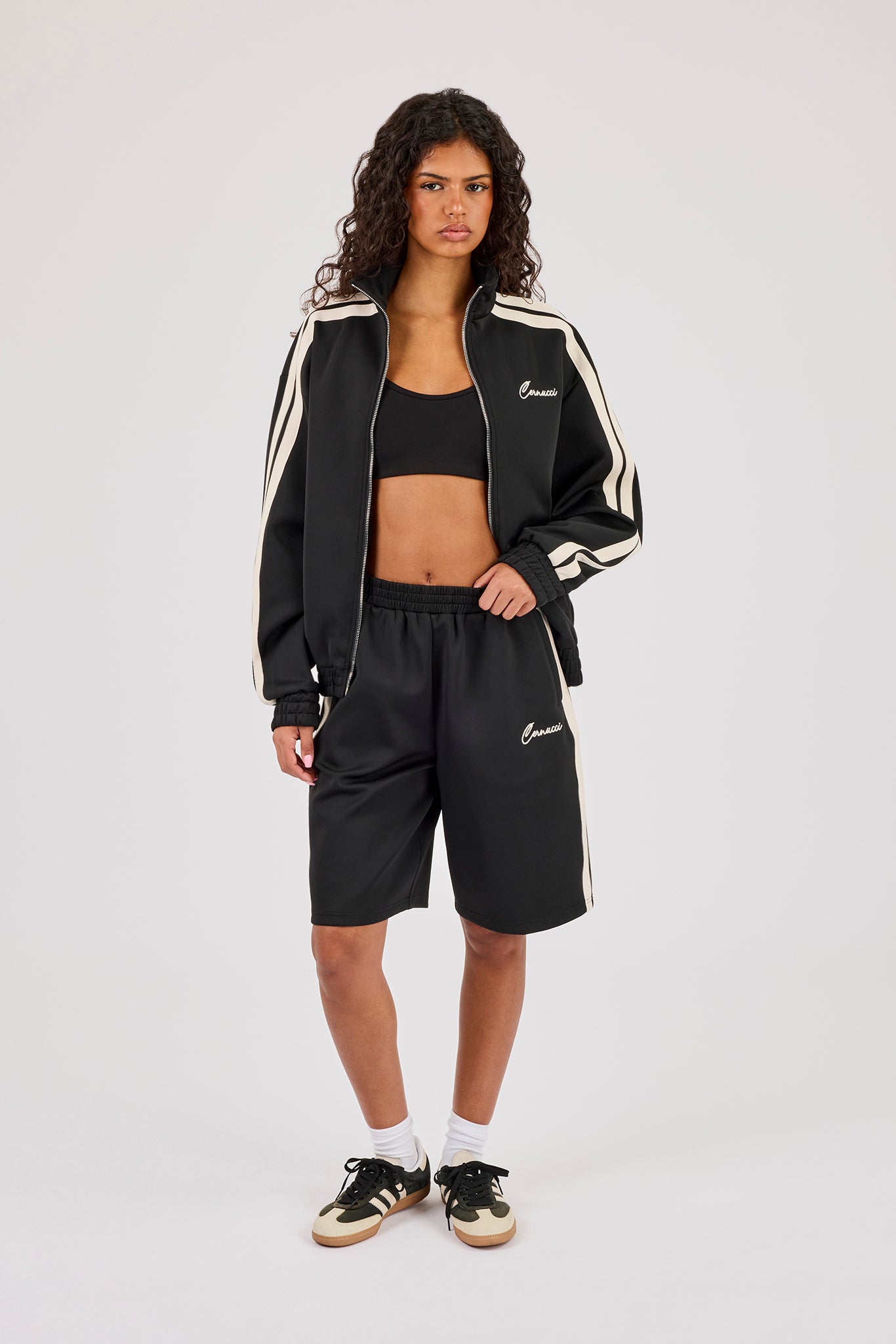 Funnel Neck Taping Zip Through Track Jacket - Black