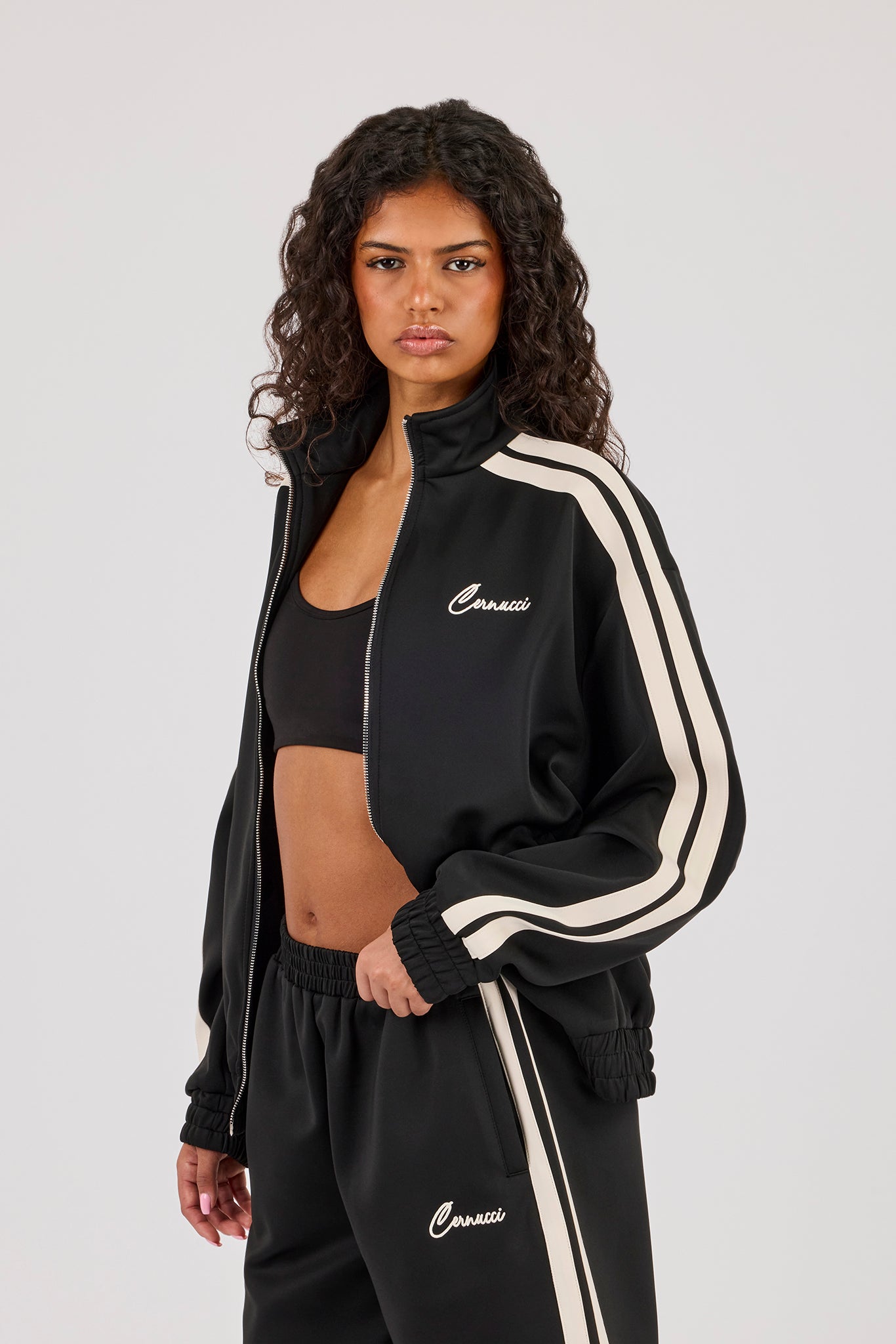 Funnel Neck Taping Zip Through Track Jacket - Black