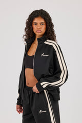 Funnel Neck Taping Zip Through Track Jacket - Black