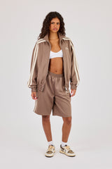 Funnel Neck Taping Zip Through Track Jacket - Taupe