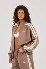 Funnel Neck Taping Zip Through Track Jacket - Taupe
