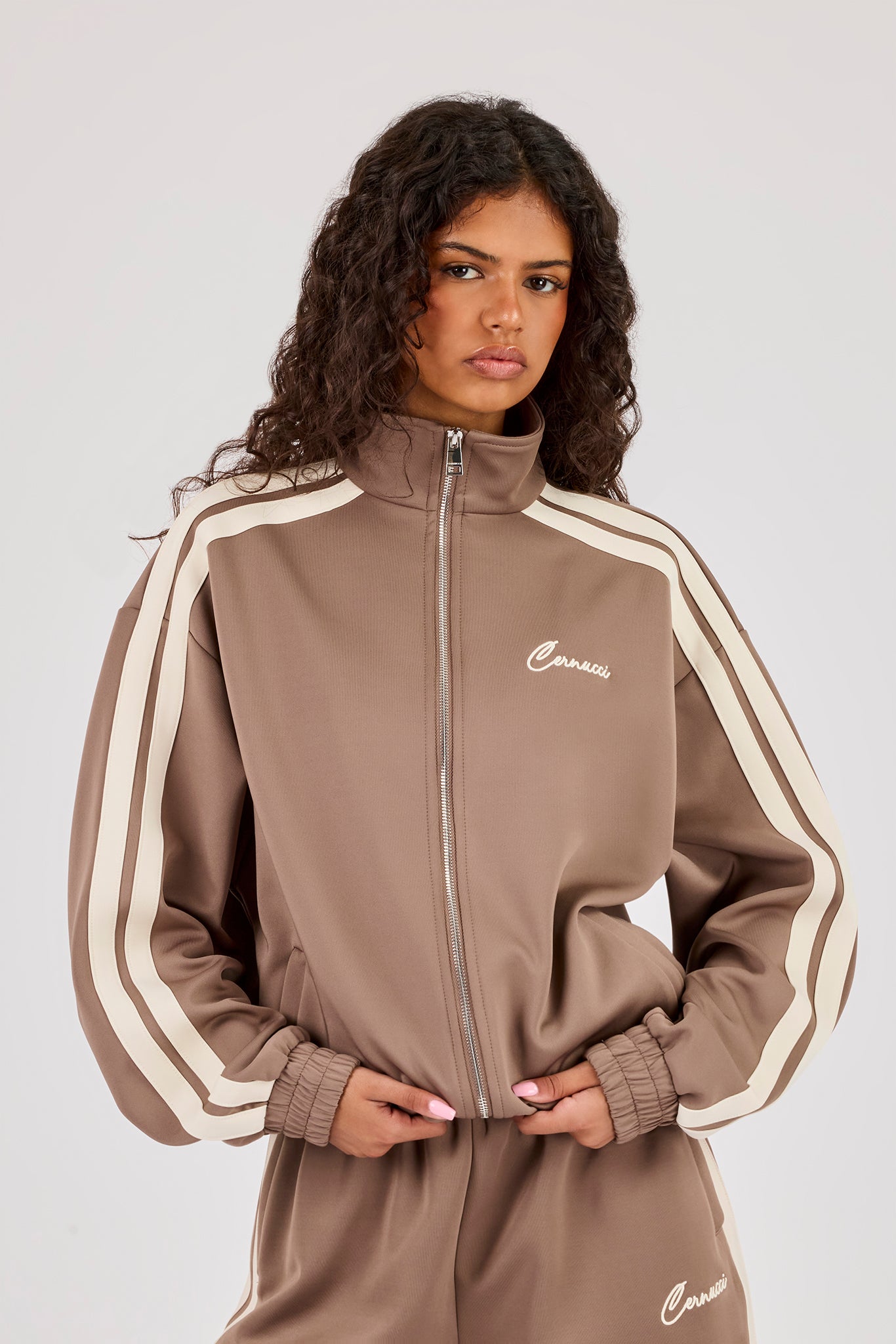 Funnel Neck Taping Zip Through Track Jacket - Taupe