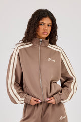 Funnel Neck Taping Zip Through Track Jacket - Taupe
