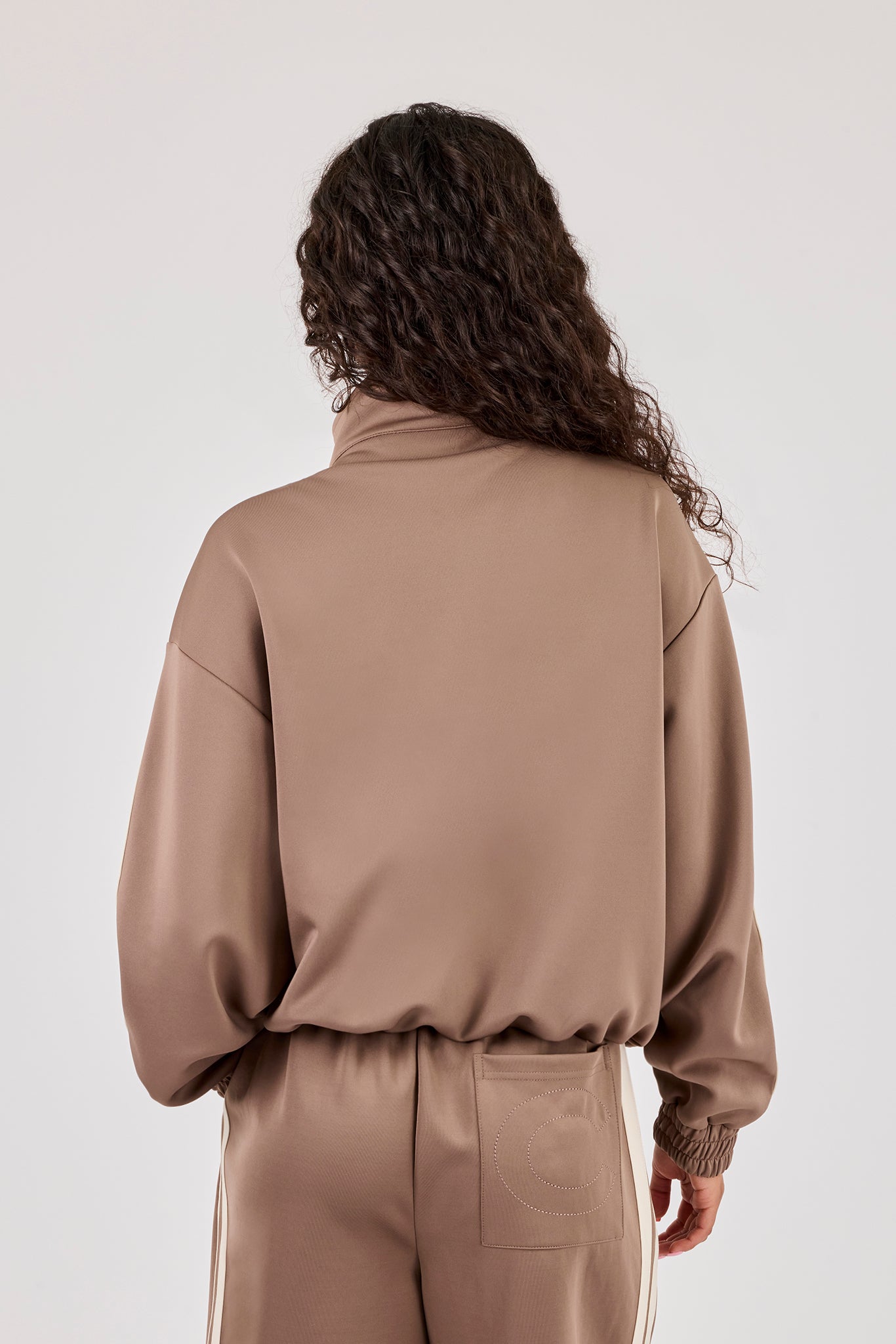 Funnel Neck Taping Zip Through Track Jacket - Taupe
