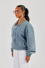 Denim Bomber Jacket With Twill Collar - Light Blue
