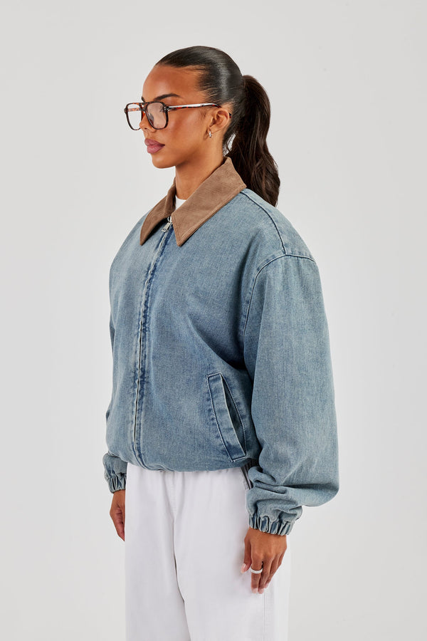 Denim Bomber Jacket With Twill Collar - Light Blue