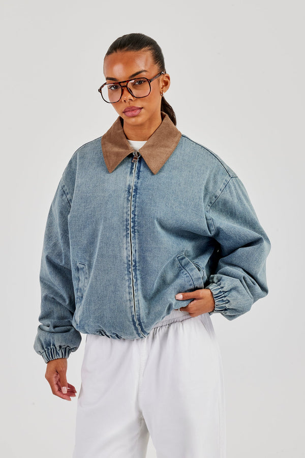 Denim Bomber Jacket With Twill Collar - Light Blue