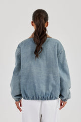 Denim Bomber Jacket With Twill Collar - Light Blue